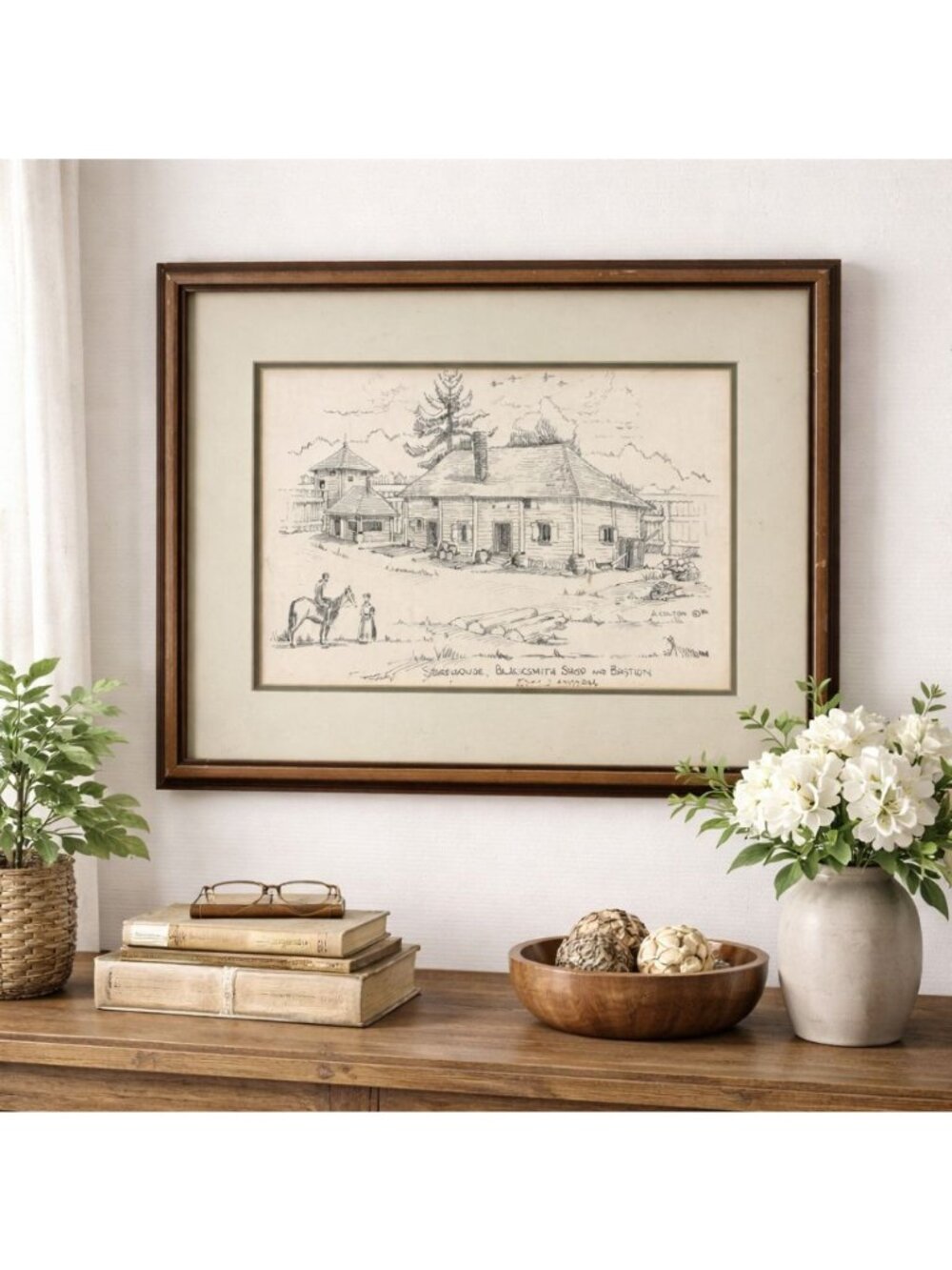 Original A. Colton 1982 Drawing Of Storehouse & Blacksmith Shop Framed In Wood W